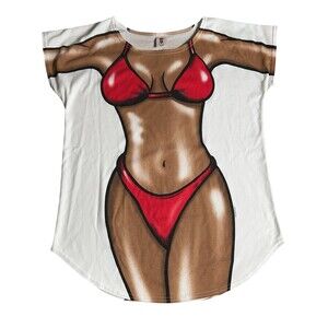 Women’s Bikini Illusion Graphic T-Shirt M Funny Beach Coverup Novelty Swim Tee